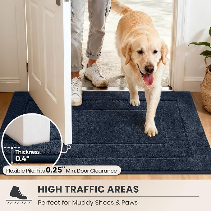 PURRUGS Dirt Trapping Door Mat 34" x 59", Non-Slip/Skid Machine Washable Entryway Rug, Dog Doormat, Super Absorbent Welcome Mat for Muddy Wet Shoes and Paws, Navy Blue