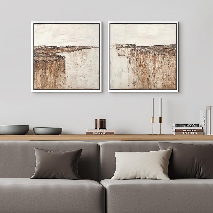 SIGNFORD Framed Canvas Print Wall Art Set Minimalist Abstract Canyon Cliff Neutral Earth Tone Landscape Modern Art Relax/Calm for Living Room, Bedroom, Office - 16"x16"x2 WHITE