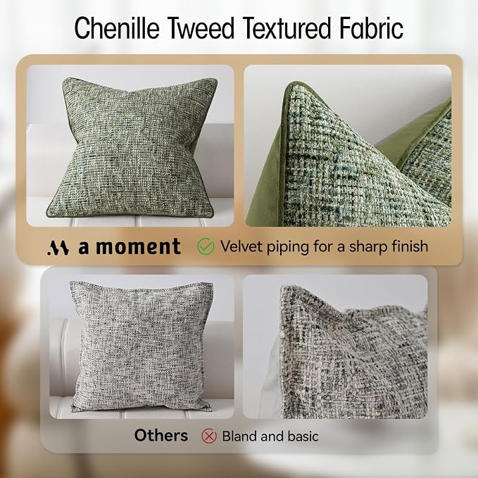 a moment Dark Green Reversible Pillow Covers 2 Pack - Farmhouse Chenille Velvet Throw Pillows, Neutral Textured Decorative Throw Pillow Covers with Border for Couch Sofa Bed (22x22 Inch, No Insert)