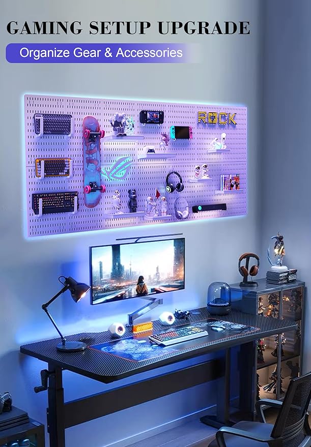 Pegboard Wall Organizer Set – 4 Peg Boards with Hooks & Shelves – Office, Kitchen, Gaming Room Desk Pegboard Storage – Peg Board Wall Display Rack (White)