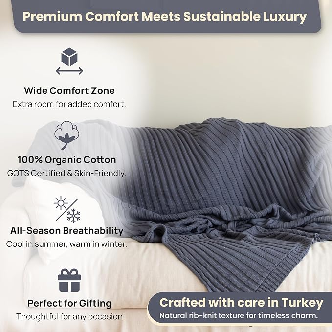 100% Organic Cotton Knit Blanket Denise 80x90 Inches Smoke Blue -Soft and Lightweight, Breathable All-Season Throw for Bed, Sofa, or Lounge Area - GOTS Certified-Perfect for Home and Bedroom Styling