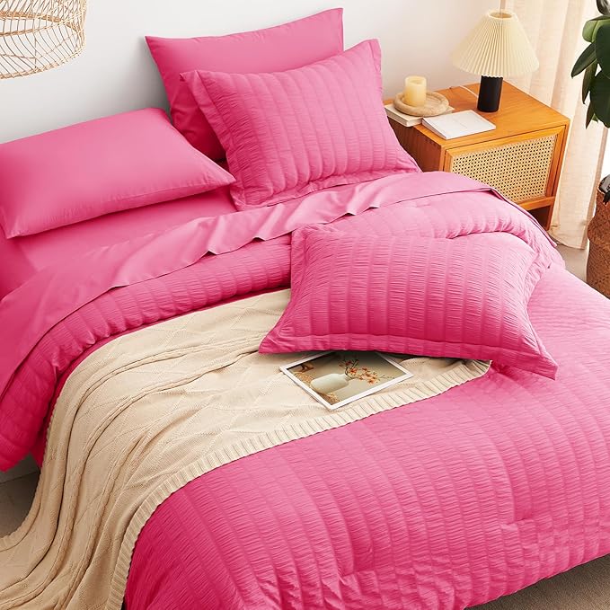 CozyLux Queen Comforter Set Hot Pink Seersucker 7 Pieces Bed in a Bag Queen Comforter Set with Sheets, Luxury Soft Bedding Set with Down Alternative Comforter, Sheets, Pillowcases & Shams All Seasons