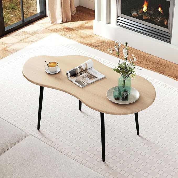 Giantex Small Coffee Table, 39.5" Cloud Center Table with Metal Frame, Unique Irregular Accent Cocktail Tea Table, Modern Wood Coffee Table for Living Room, Small Spaces (Natural)