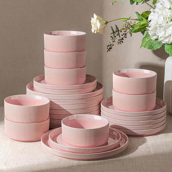 GBHOME 24-Piece Stoneware Dinnerware Set for 8 – Ribbed Ceramic Plates and Bowls, Scratch-Resistant, Microwave & Dishwasher Safe, Reactive Glaze, Blush Vei