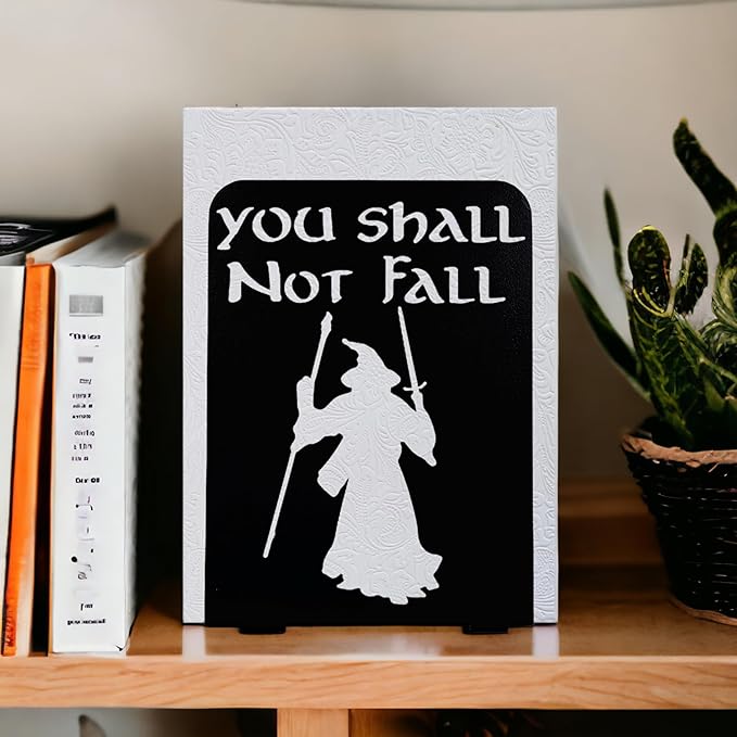 Decorative bookends for Shelves, You Shall Not Fall, Decorative Metal Book Ends, Unique Book Support, for Home/Office Decor/Shelves, 7 Inch Tall/A Pair