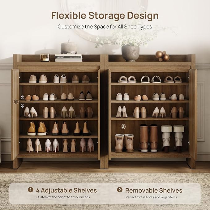 Sicotas Shoe Cabinet - Fluted Shoe Storage Cabinet with Thickened Panels for Entryway, 24-Pair Shoes Organizer with Doors & Adjustable Shelves, 6-Tier Shoe Rack Storage Cabinet for Hallway Living Room
