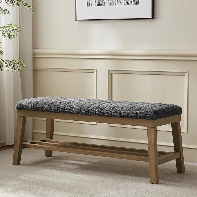 VKNOW Entryway Bench, 44.4" Upholstered Storage Shoe Bench for Entryway & Bedroom, Shoe Rack Bench with Rubberwood Legs, Modern End of Bed Bench for Living Room and Hallway, Black