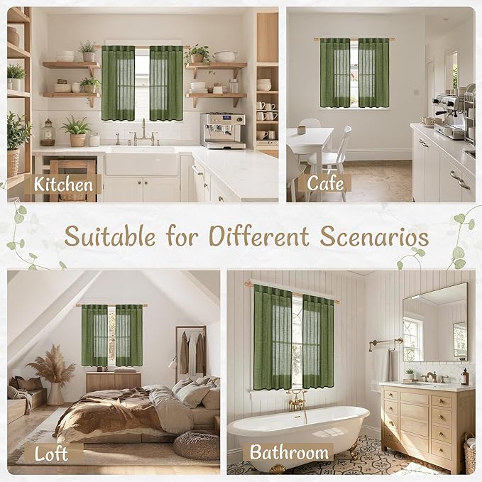 LAMIT 54 Inch Length Sheer Linen Curtains for Bedroom, Short Light Filtering Panels Back Tab and Rod Pocket Christmas Window Drapes for Kitchen/Bathroom/Windows, Olive Green, 2 Panels, 34 x 54 Inch
