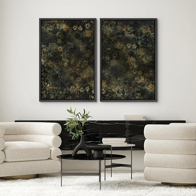 SIGNWIN Framed Canvas Print Wall Art Set Botanical Shadows Dark Floral Illustrations Modern Art Rustic Relax/Calm for Living Room, Bedroom, Office - 16"x24"x2 Black