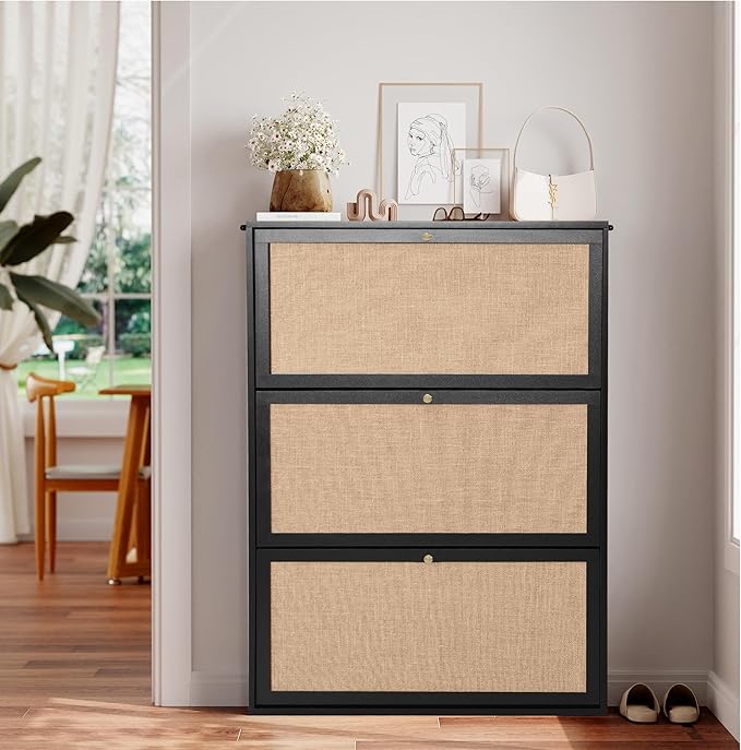 Narrow Shoe Storage Cabinet, 31.5" Slim Shoe Organizer with 3 Flip Drawer, Modern Hidden Shoes Cabinet for Entryway, Non-Divider Drawer Wood Shoe Storage for Hallway, Living Room (Black)