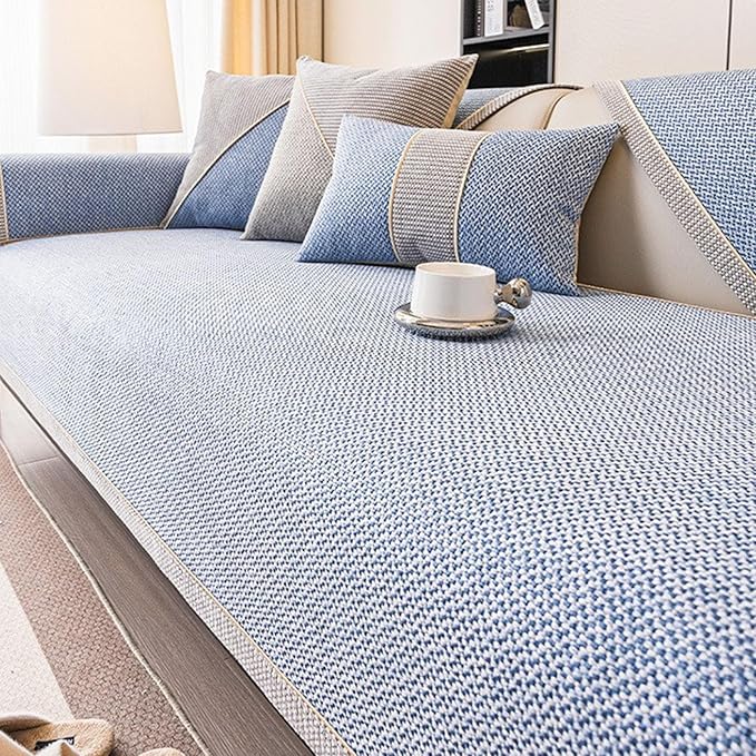 Modern Woven Cotton and Linen Sofa Cover, Couch Cover for Loveseat/3 Cushion/L Shaped/Chaise Lounge Couch/Sectional Couch,Anti-Slip Solid Sofa Slipcover (Blue,70 * 120cm/27.5 * 47.2in)