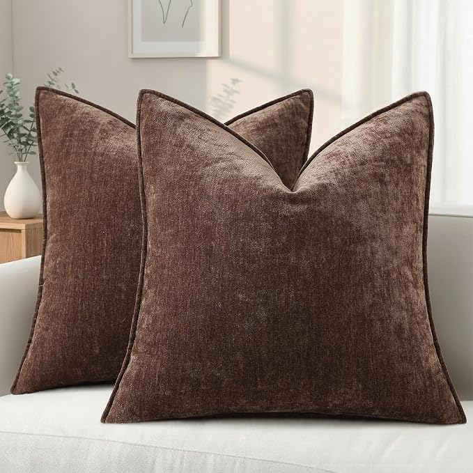 decorUhome Summer Couch Euro Sham Throw Pillow Covers 24x24 Set of 2, Decorative Soft Velvet Modern Cozy Chenille Pillow Cases with Elegant Design for Sofa Bed Living Room Home Decor, Dark Brown
