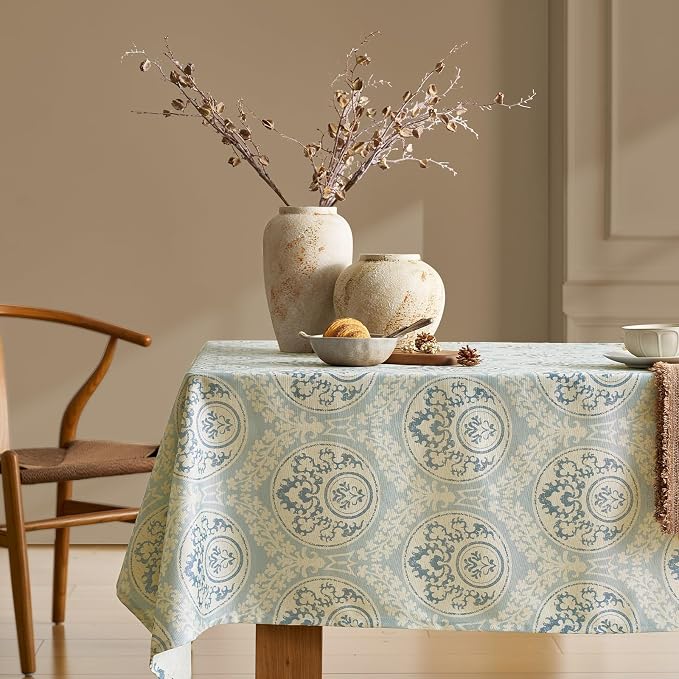 Vintage Blue Damask Square Tablecloth: Floral Linen Farmhouse Table Cloth - Pattern Printed on Burlap Textured Fabric Outdoor Table Cover for Kitchen,Dining,Party,Picnic Decor, 55x55 Inch