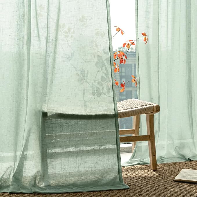 ANRODUO Sage Green Linen Curtains 96 inches Long 2 Panels for Bedroom Living Room Back Tab Semi Sheer Privacy Linen Burlap Drapes Pale Green Neutral Modern Long Curtains for Sliding Glass Door