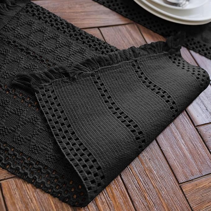 Macrame Table Runner Pure Black Boho Table Runners with Tassels Hand Woven Cotton Table Runner Rustic Farmhouse Table Runners for Bohemian Kitchen Dining Table(12x36in)