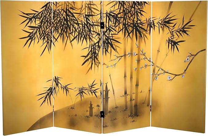 Red Lantern 3 ft. Short Double Sided Bamboo Tree Canvas Room Divider 4 Panel Freestanding Folding Privacy Screen Partition and Separator for Modern and Contemporary Bedroom Home Office Studio Dorm