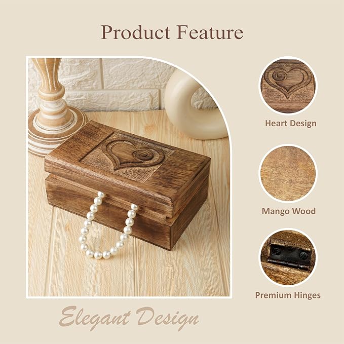 Ajuny Wooden Decorative Jewelry Box with Heart Design Carving - Multipurpose Treasure Chest Storage Keepsake Box Necklaces Watch Organizer Boxes Birthday Gifts for Women & Men 8x5 Inch