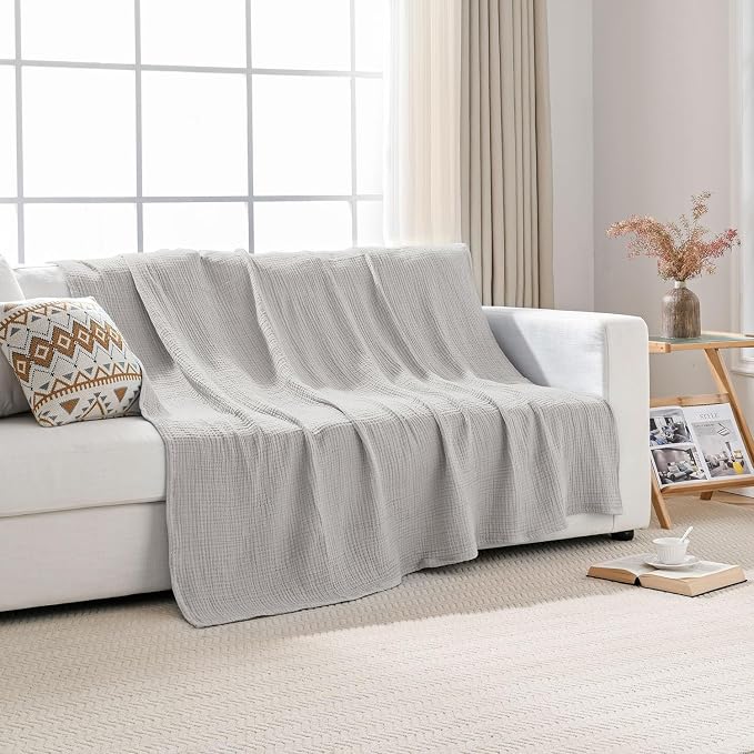 Esterra Muslin Blanket Queen Size Cozy Soft Lightweight Pre-Washed Cotton Blanket, All Season Breathable 4-Layer Gauze Blanket Throw for Couch Bed, Gray Violet, 90x90 Inches