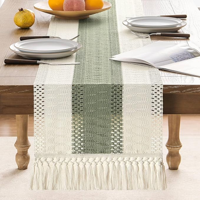 ZeeMart Macrame Style Bicolor Stitching Table Runner, 14 x 72 Inch Green/Ivory, Boho Sage Green Table Runners 72 Inches Long, Farmhouse Woven Home Decor