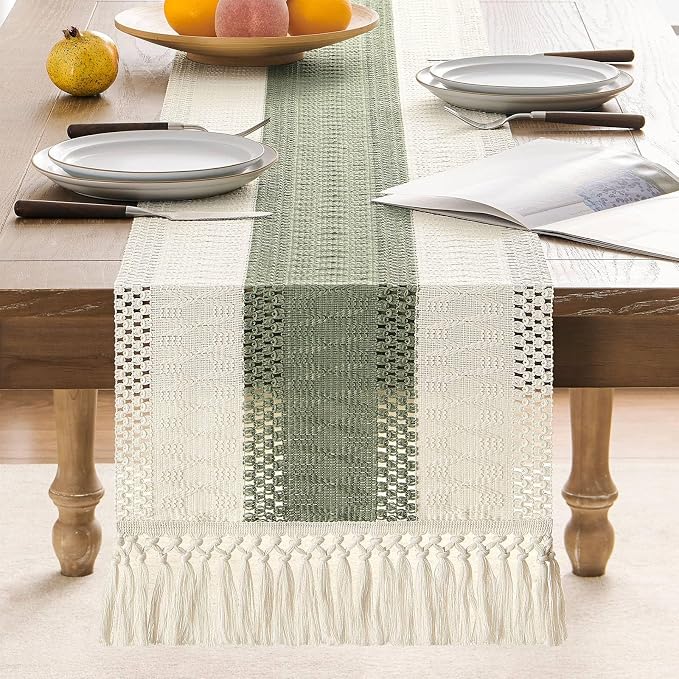 ZeeMart Macrame Style Bicolor Stitching Table Runner, 14 x 90 Inch Green/Ivory, Boho Sage Green Table Runners 90 Inches Long, Farmhouse Woven Home Decor