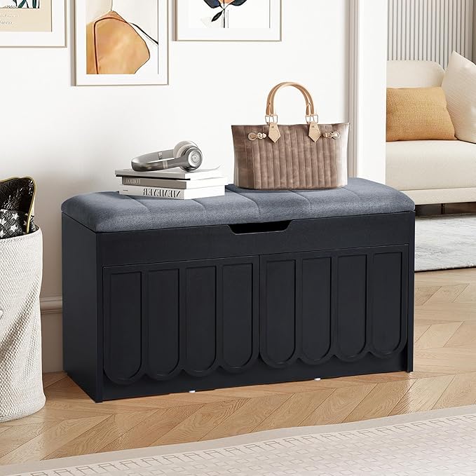 ORRD Shoe Storage Bench with Cushion, Entryway Shoe Cabinet Bench with 2 Scalloped Doors & Adjustable Shelf, 2-Tier Shoe Rack Organizer Cabine for Entryway, Hallway, Living Room (Black)
