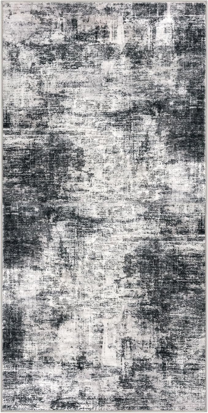 IOHOUZE Abstract Runner Rug 3x6 Ft Washable Runners for Hallways, Non Slip Kitchen Runner Printed Faux Wool Entryway Runner Indoor, Floor Carpet for Hall Kitchen Bedroom, Black Grey