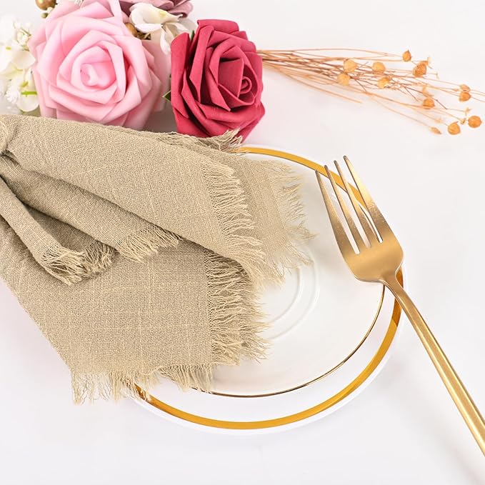 36 Pack Handmade Cloth Napkins with Fringe,16 x 16 Inch Cotton Linen Napkins, Washable and Reusable Napkin, Soft Rustic Boho Fringe Cloth Napkin for Dinners, Party, Wedding (Caramel)