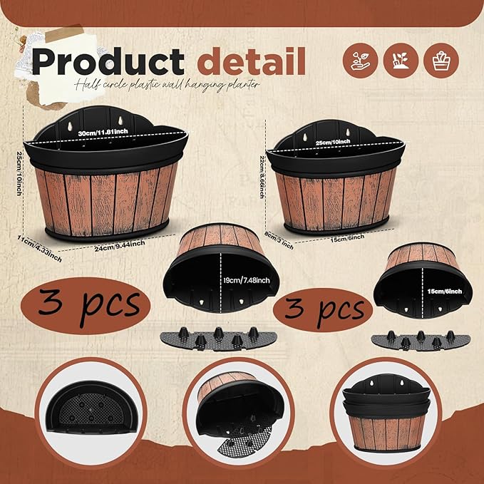 Layhit 6 Pcs Wall Hanging Planters Outdoor Pot Planter Wine Barrel Planter Distressed Oak Thickened Plastic Water Storage Flower Pots for Flower Indoor Outdoor(12 Inches, 10 Inches,Brown)