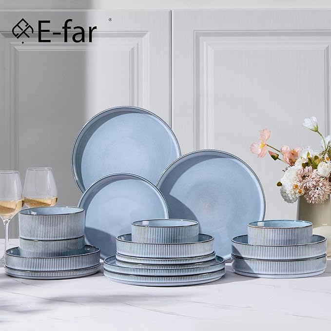 E-far 16 Piece Dinnerware Sets, Plates and Bowls with Pasta Bowls Service for 4, Modern Stoneware Ribbed Dishes for Kitchen Dining, Microwave & Dishwasher Safe, Dusty Blue