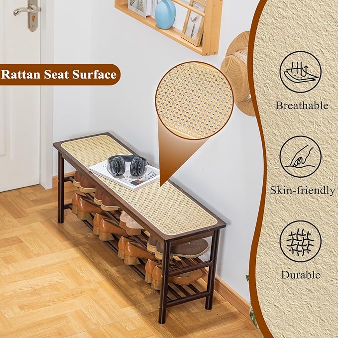Bamboo Entryway Bench with Woven Rattan Seat, 2-Tier Shoe Storage Bench for Hallway & Entryway 39.4 inches Walnut