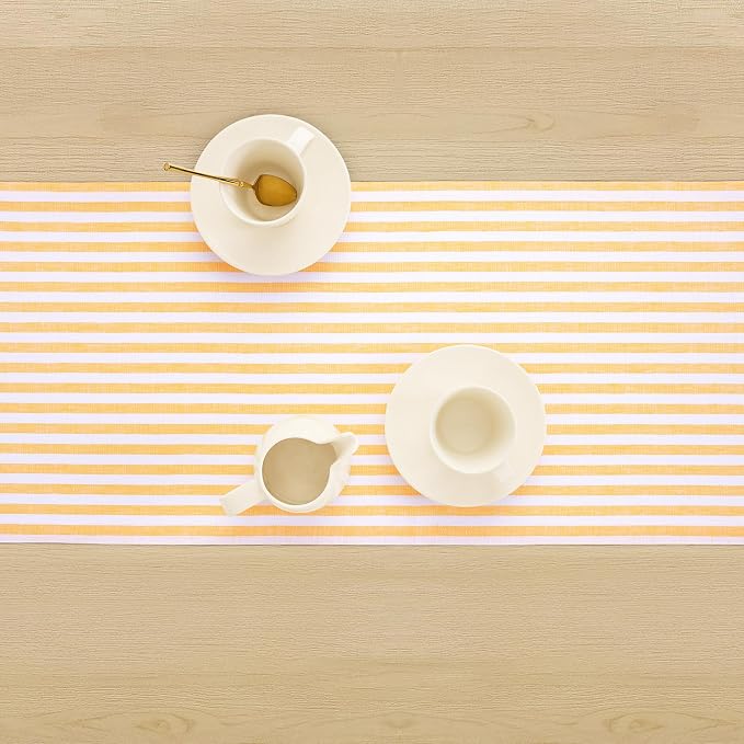 Solino Home Linen Table Runner 72 Inches Long - Amalfi Stripe, 100% Pure Linen Mustard and White Table Runner 14 x 72 Inch for Dining, Dresser, Summer