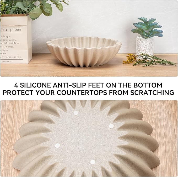 Large Decorative fruit bowl for Home Decor Modern Handicraft Key Bowl for Entryway Table Ruffle Centerpiece Stylish Purse Bowl for Kitchen Counter Coffee Table(Artificial Stone Beige)