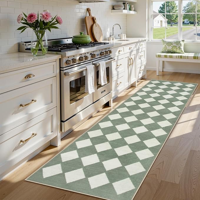 Lahome Zelie Checkered Washable 2x8 Green Runners for Hallways Non Slip, Ultra-Thin Kitchen Bathroom Runner Rugs, Moroccan Trellis Throw Carpet Runner for Bedroom Entryway Decor (2'x8',Green)