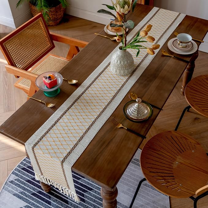 EMMTEEY Macrame Table Runner Boho Style - Scratch & Heat Resistant, Hexagonal Grid Cotton Linen Table Runner with Tassels for Home Decor/Bedroom (12"X36", Yellow)