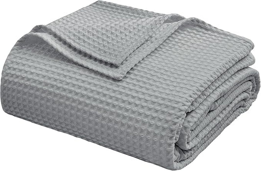 100% Egyptian Cotton Waffle Weave Throw Blanket for Bed Couch Sofa Home Decor, Soft Lightweight Bed & Couch Blanket for All Seasons (Light Grey - Queen Size - 90 * 90")