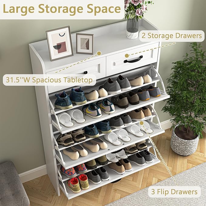Large Shoe Cabinet for Entryway, Slim Hidden Shoe Storage Cabinet with 3 Flip Drawers and 2 Top Drawers,Shoe Rack Organizer Cabinet for Hallway, White