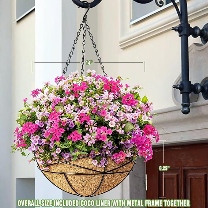 4 Pack 14 Inch Hanging Baskets for Plants Outdoor Large Flower Planters with Coco Liner for Outside Panting Watering Plant Pot Holder for Home Garden Porch Balcony Railings Decor