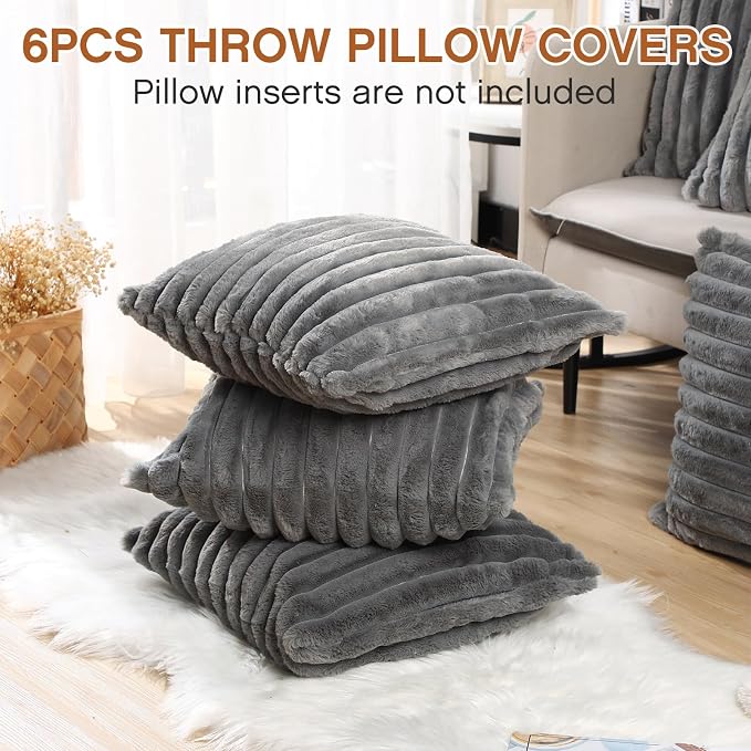 VitalCozy Throw Pillow Covers Set of 6 18x18 Decorative Neutral Couch Throw Pillow Covers Faux Fur Pillowcase Soft Velvet Farmhouse Boho Striped Decor for Bed, Sofa(Gray)
