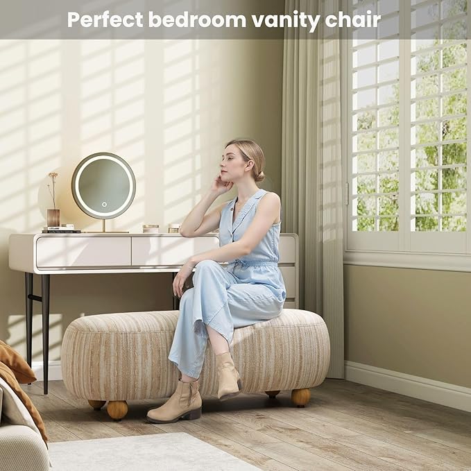 54" Boho Striped Upholstered Bench, Oval Ottoman Foot Stool with Wooden Legs, Extra Seating for Bedroom Living Room, Modern Accent Bench for Entryway, Kahki