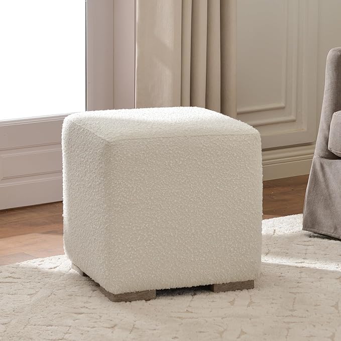 KINWELL 18.5" Wide Modern Square Boucle Upholstered Ottoman with Solid Wood Legs, Cube Ottoman Multi-Functional Sofa Footrest, Extra Seating for Living Room, Bedroom, Fully Assembled (White)