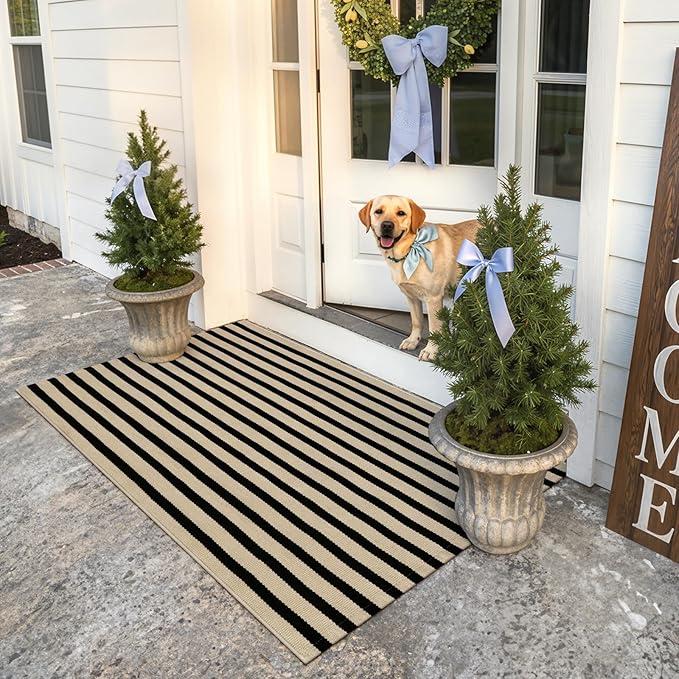 KIMODE Black and Khaki Striped Outdoor Rug 3'x 5', Washable Reversible Striped Outdoor Patio Rugs, Cotton Hand-Woven Farmhouse Welcome Layered Door Mats for Front Door, Entryway, Porch Decor