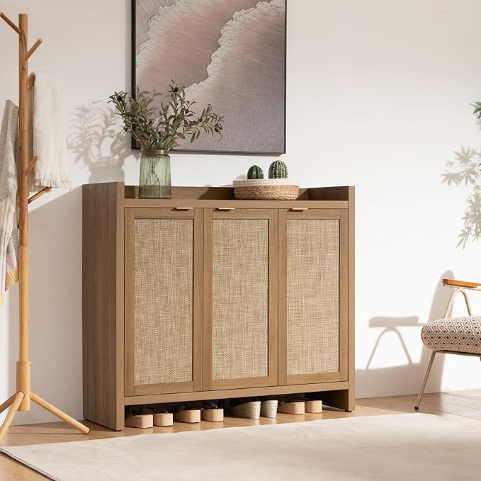 SICOTAS Shoe Storage Cabinet Set of 2, Large Tall Shoe Cabinet, Rattan Shoe Cabinet Storage for Entryway, Farmhouse Cabinet with Doors and Adjustable Shelves for Entryway Hallway Living Room