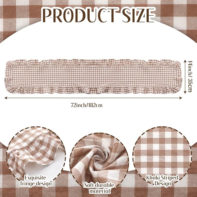 Taupe Gingham Ruffled Table Runner 72 Inches Long Scalloped Table Runner Rustic Cotton Tabletop Farmhouse Decor for Baby Shower Bride Shower Birthday Party Holiday Wedding