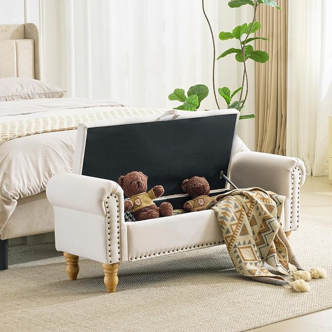 51.5" Storage Bench, End of Bed Bench with Rolled Arm and Nailhead Trim, Upholstered Bedroom Bench with Storage, Ottoman Bench for End of Bedroom, Living Room, Entryway (Beige Linen)