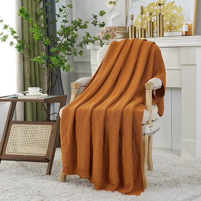 Longhui bedding Burnt Orange Cotton Cable Knit Throw Blanket for Couch Sofa Chair Bed Home Decorative, 3.4 Pounds 60 x 80 Inch Woven Throw Blankets with Bonus Laundering Bag