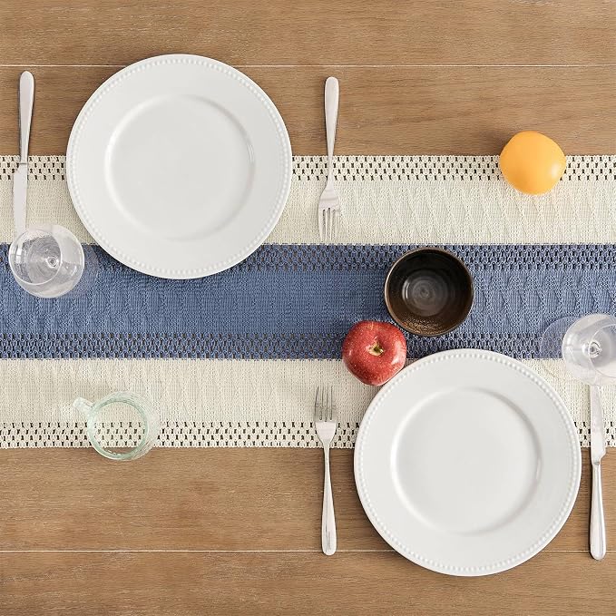 ZeeMart Macrame Style Bicolor Stitching Table Runner, 14 x 48 Inch Blue/Ivory, Boho Blue Table Runners 48 Inches Long, Farmhouse Woven Home Decor