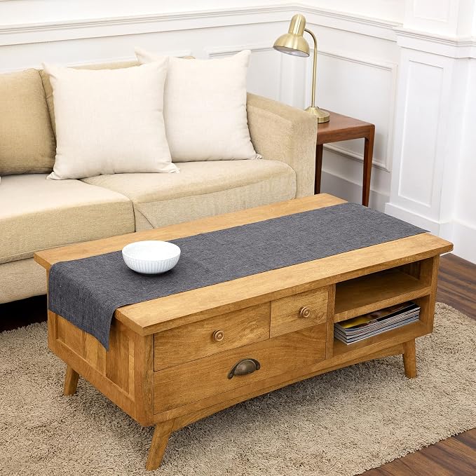 Solino Home Linen Small Table Runner 48 Inches - Athena, 100% Pure Linen Chambray Black Table Runner 14 x 48 Inch Ideal for Dresser and Coffee Tables