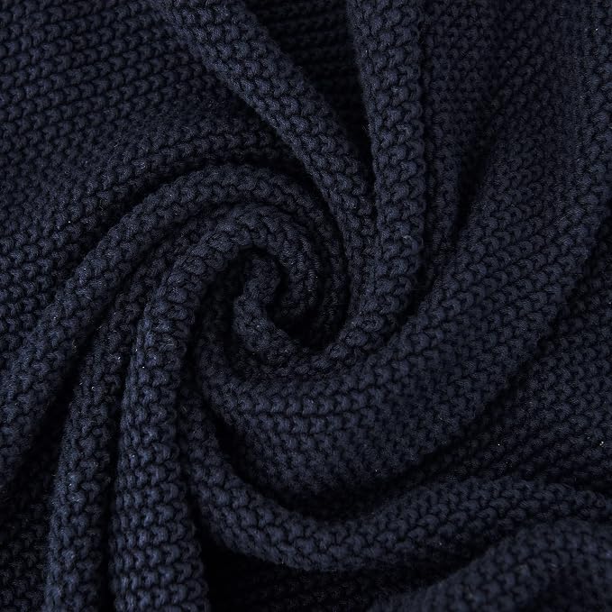 Longhui bedding Dark Navy Blue Cotton Cable Knit Throw Blanket for Couch Sofa Bed, Lightweight Home Decorative Throws, Bonus Laundering Bag, 60 x 80 Machine Washable