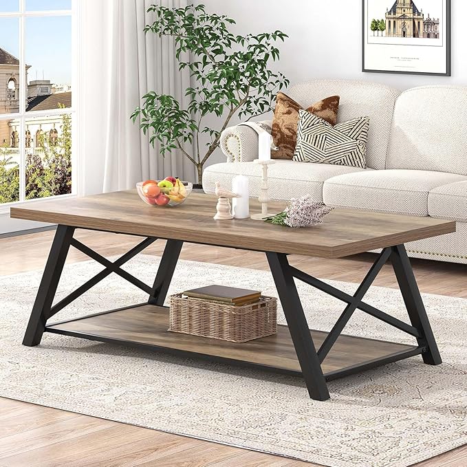 EXCEFUR Modern Coffee Table, Rectangle Center Table for Living Room with Storage Shelf, Industrial Wood and Metal Cocktail Tea Table, Rustic Oak, 47 Inch