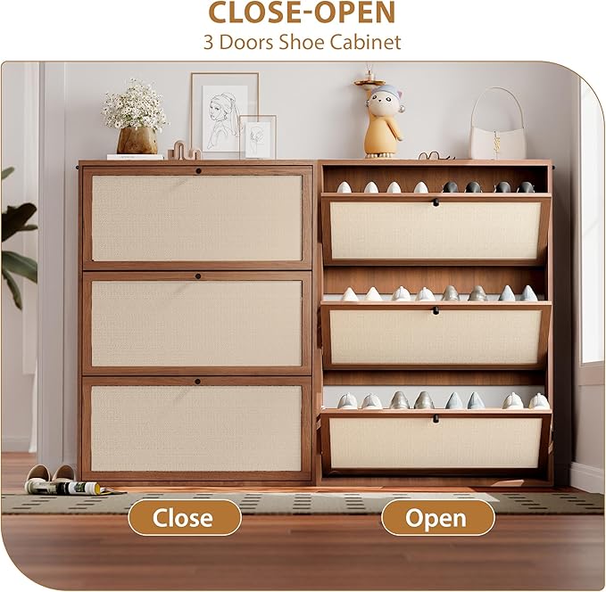 31.5" Mid-Century Slim Narrow Shoe Storage Cabinet for Entryway, Hidden 3 Tier Wood Shoe Storage Organizer with Non-Divider Flip Drawer for Hallway, Living Room,Apartment (Walnut)